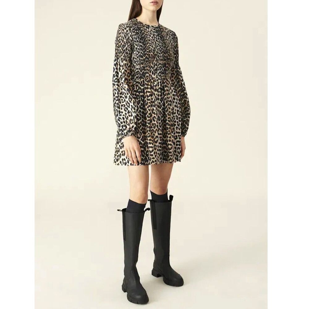 GANNI Smocked Cotton/Silk Leopard Smocked Mini Dress w/Pockets/32 (U.S. sz. 0/2)